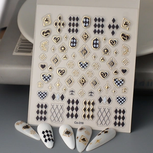 Houndstooth nail stickers with gold geometric patterns shown on white nail tips