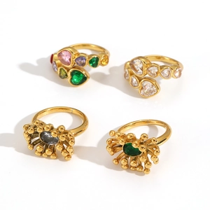 Luxury gold stainless steel rings set featuring colorful zircon heart and flower designs