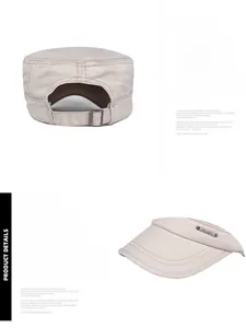 Detail view of beige cotton cadet cap showing adjustable metal buckle and side plate