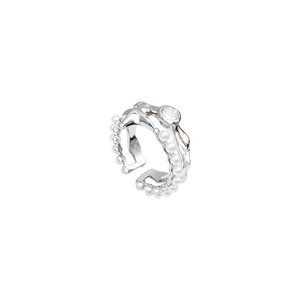 Silver wavy ring with white pearls and transparent zircon in an adjustable open design
