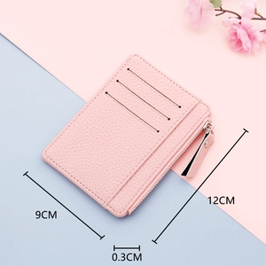 Slim pink lychee texture PU card holder with zipper and size dimensions 12x9x0.3cm