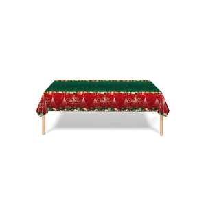 Waterproof red and green Christmas tablecloth featuring festive trees and snowflake patterns