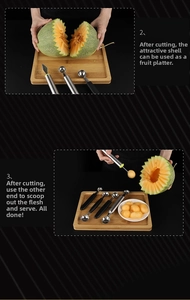 Macro detail of stainless steel fruit scooper and carving knife set on wood board
