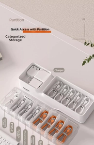 Macro view of partitioned storage box for cables and chargers with clear compartments