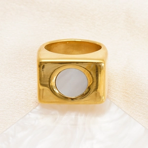 18k gold plated stainless steel ring with square face and white mother of pearl inlay