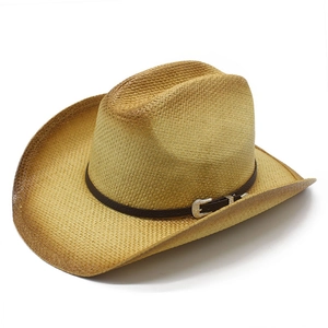 Chapeau de cowboy classique en paille avec bord dégradé marron et ruban en cuir à boucle