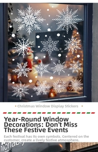 Detailed view of white snowflake window stickers creating festive Christmas window decor