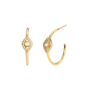 Macro detail of S925 hallmark on gold C-shaped hoop earrings with blue opal