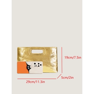 Detailed dimension guide for the gold woven clutch bag showing 29x19x5 cm sizing