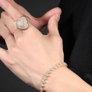Hip hop style gold plated heart ring and bracelet set with sparkling 3A cubic zirconia