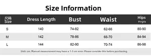 Detailed size chart showing S, M, L measurements for the bodycon split maxi dress