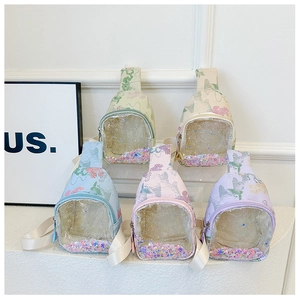 Detailed view of kids' crossbody bags in five colors with transparent sequin pockets