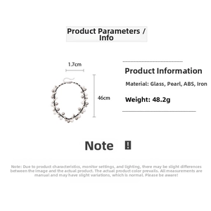 Detail specifications of 46cm faux pearl and glass bead necklace with 48g weight info