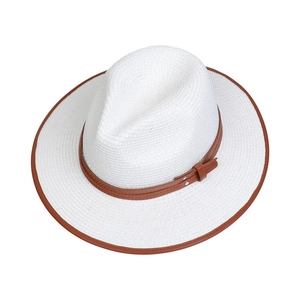 Top view of a white straw sun hat with brown leather band and edge trim detail