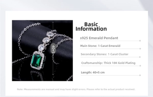 Macro detail of S925 silver emerald pendant with 40+5cm adjustable chain specifications