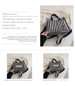 Detailed dimensions of a black and white striped canvas tote bag showing height and width