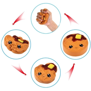 Macro sequence showing slow rising foam waffle squishy toy with chocolate face