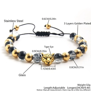 Beaded Bracelet Stainless Steel Natural Tiger Eye Stone Heart Leopard Pendant Adjustable Woven Rope Jewelry Gift For Women