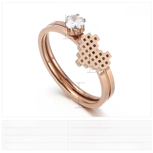 Detail view showing rose gold stainless steel heart ring dimensions and specs