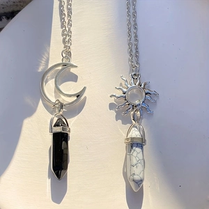 Sun Moon Pendant Necklace Natural Stone Crystal Hexagonal Prism Retro Bohemian Jewelry For Women Men Couple