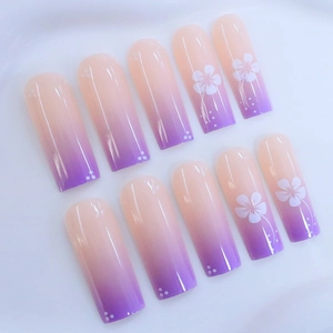 Elegant purple gradient long coffin press-on nails with white floral art patterns
