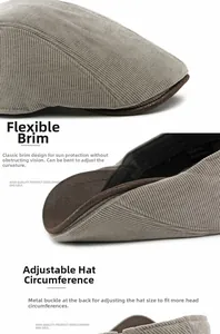Detail view of the light gray corduroy fabric and adjustable metal buckle on a flat cap