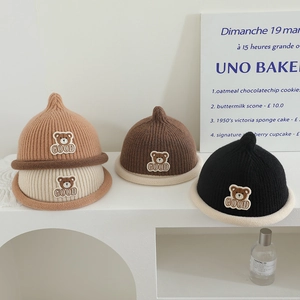 Knitted pointed elf beanies for toddlers in earth tones with bear embroidery patches