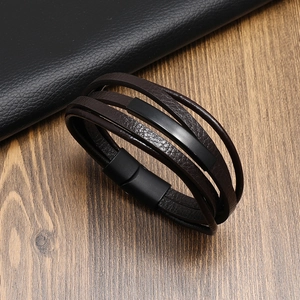 Multi-layer brown braided leather bracelet for men with matte black magnetic clasp