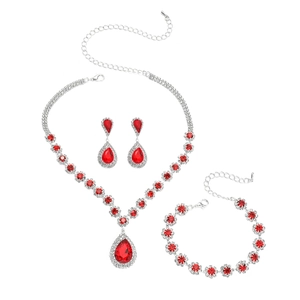 Elegant red rhinestone jewelry set with teardrop necklace, earrings and bracelet