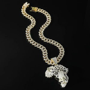 Hip hop cuban chain necklace with luxury silver iced out leopard head pendant for men