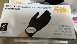 S size black powder-free vinyl nitrile blend disposable gloves in a 100-count box packaging