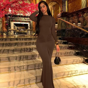 Elegant chocolate brown long sleeve slim fit pleated maxi dress for women in 2025 fashion