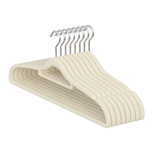 Nonslip beige flocked hangers with metal hooks and shoulder notches for home organization
