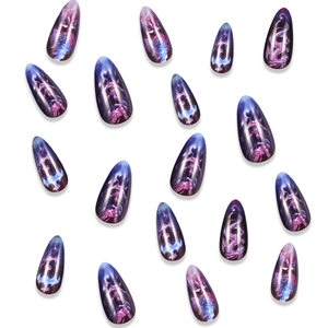 Long stiletto press-on nails featuring purple blue gradient and detailed dragon patterns