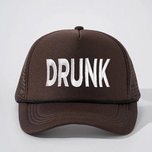 Brown trucker hat featuring white DRUNK embroidery and breathable mesh with a chin strap