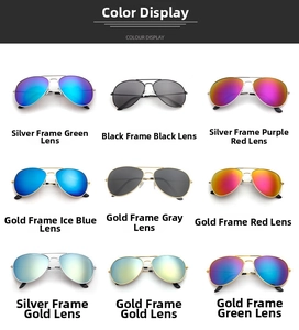 Grid view showcasing classic metal aviator sunglasses in nine different lens color options