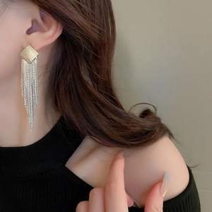 Elegant silver rhombus tassel earrings with textured metal square and long fringe chains