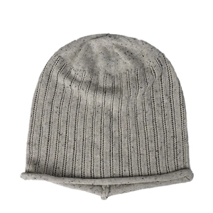 Gray speckled knit slouchy beanie for women featuring breathable thin texture and rolled edge
