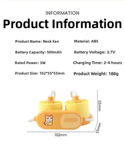 Detailed specifications for the cartoon neck fan with dimension and battery info