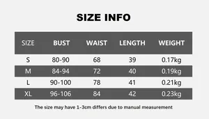 Detailed size chart for fishbone corset top including bust and waist measurements