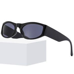 Retro oval sunglasses with thick black resin frames and dark grey lenses on white display