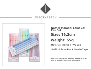 Detail view of Morandi color gel pen set in PVC case with product dimensions and specs
