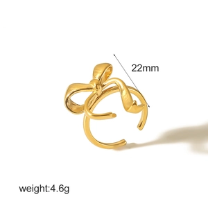 Elegant 18k gold plated stainless steel bowknot open ring with 22mm flower design detail