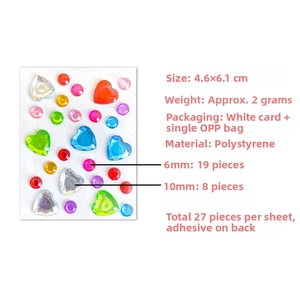 Detailed view of colorful heart and round self-adhesive gem stickers for DIY crafts