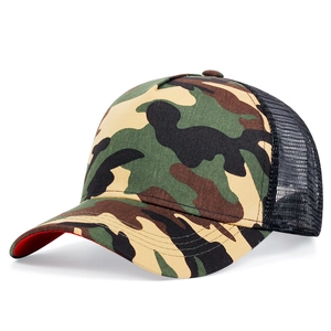 Detail of camouflage truck cap showing breathable mesh and red contrast underbrim