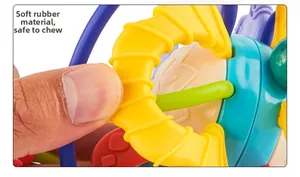Close-up of flexible soft rubber material and colorful sensory textures on baby teether ball