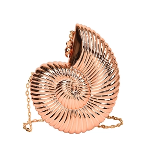 Elegant rose gold snail-shaped clutch evening bag with metallic spiral texture and chain strap