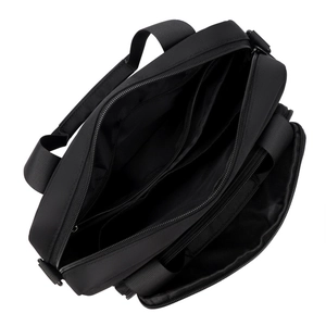 Black business briefcase featuring a spacious multi-compartment interior and durable fabric