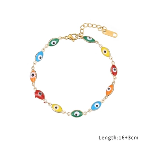 Golden stainless steel bracelet featuring colorful evil eye charms and a 16+3cm length