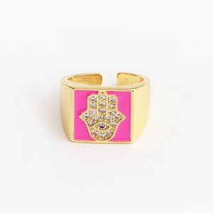 Detail view of pink enamel Hamsa hand ring with micro-p镶 inlaid cubic zirconia stones